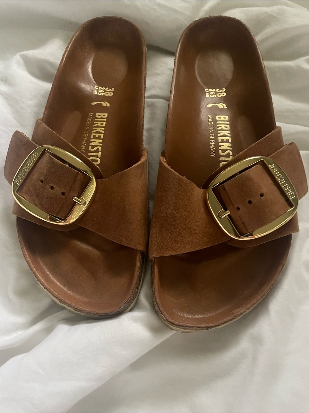 Birkenstock Cognac Leather Madrid Big Gold Buckle Slides